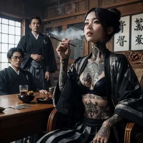there are people sitting in a room, smoking, yakuza slim girl with gigantic breast, wear bra and kimono, full body tattoo, inspi...