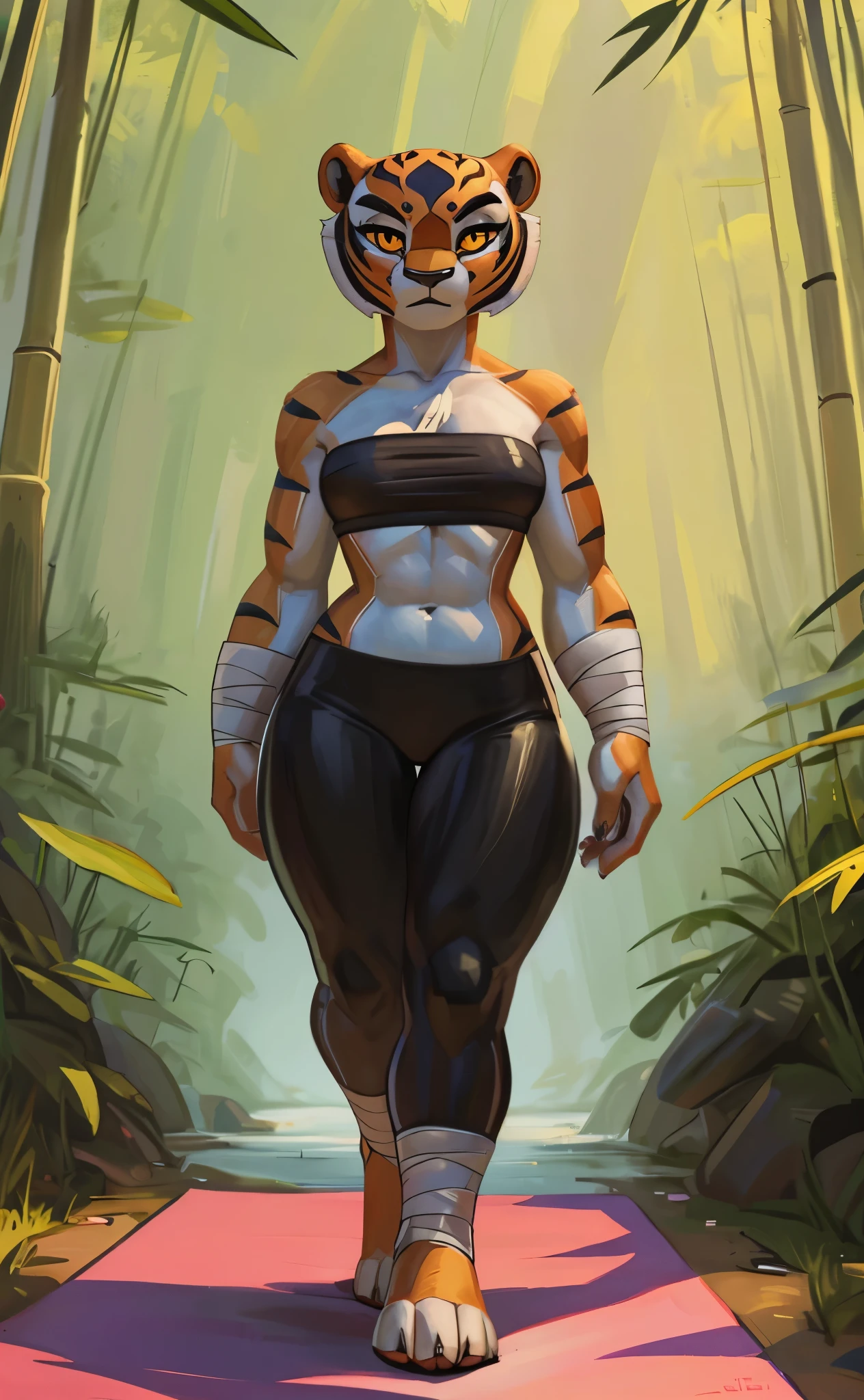 [master tigress], [Uploaded to e621.net; (Pixelsketcher), (wamudraws)], ((masterpiece)), ((HD)), ((solo portrait)), ((full body)), ((front view)), ((feet visible)), ((furry; anthro)), ((detailed fur)), ((detailed shading)), ((beautiful render art)), ((intricate details)), {anthro tiger; (orange fur), (black stripes), black nose, (cute yellow eyes), (short eyelashes), (curvy hips), (beautiful legs), (beautiful paws), (expressionless)}, {(white bandage bandeau), (bandages a-crossed chest), (red yoga pants)}, {(on yoga mat), (standing), (hands on hip), (looking at viewer)}, [background; (bamboo forest), (waterfall), (fog), (blue sky), (cloudy)]