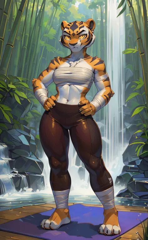 [master tigress], [Uploaded to e621.net; (Pixelsketcher), (wamudraws)], ((masterpiece)), ((HD)), ((solo portrait)), ((full body)), ((front view)), ((feet visible)), ((furry; anthro)), ((detailed fur)), ((detailed shading)), ((beautiful render art)), ((intr...