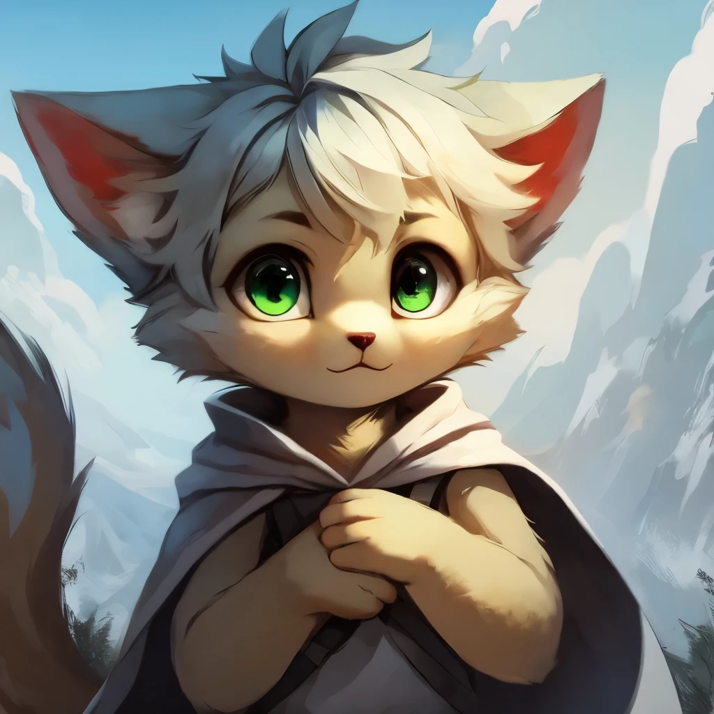 (Bright environment :0.8), masterpiece, high quality, digital painting,furry, Feline, white-haired cat, single, cute,furry, furry boy, look to the screen,(Snowy mountains, blue sky :0.8), light blue tipped ear hair, green eyes, fluffy tail, white fur, wearing a silver cape, juvenile