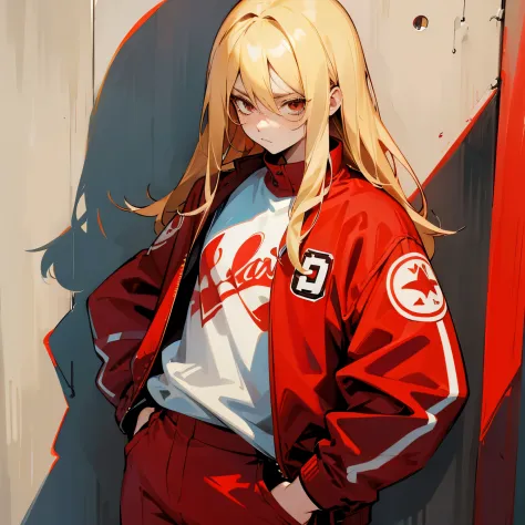 Flow the right half of the hair back、a blond、Bad eyes、glares、Red jersey jacket、red jersey pants、Bad Girls、hitornfreckles、hands in the pocket、Leaning against the wall