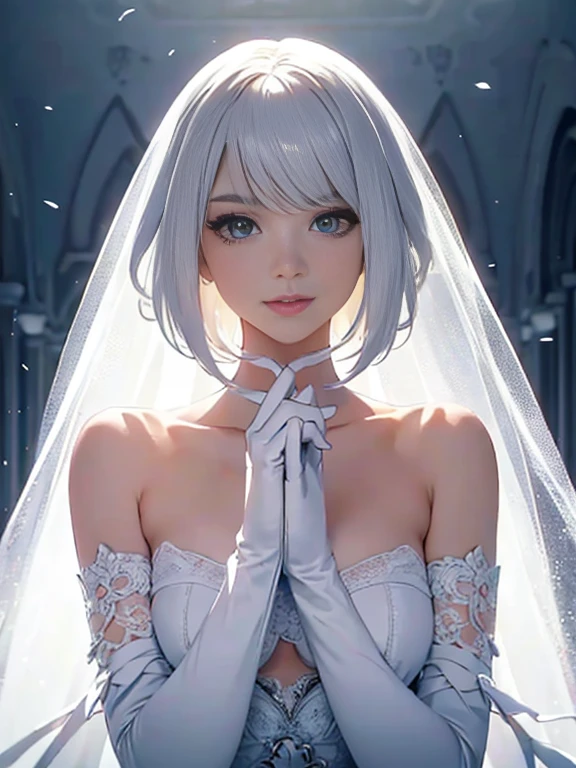 Best Quality,Ultra-detailed,White hair,gloves,Portrait,Soft lighting,DELICATE DETAILS,Realistic skin texture, Smile,Vibrant colors,Fine brushstrokes,Bright background,Ethereal Atmosphere,Impeccable makeup,Graceful pose,kind personality,sleek design,high fashion,Classic elegance,subtle pattern,Textured fabric,Dark background,Contrasty,Contrasty,Contrasty,Attention to detail,neutral color palette,dreamy ambiance,Sublime beauty,Sophisticated style,subdued lighting,Artistically composed,Graceful movement,pure and sophisticated aesthetics,luxury charm,symbol of sophistication,Sublime charm,Timeless elegance,A shining presence,Exquisite craftsmanship,soft and fantastic image, And mysterious,white lace veil,Majestic and attractive silhouette,intensegaze.