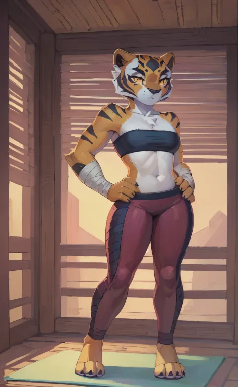 [master tigress], [Uploaded to e621.net; (Pixelsketcher), (wamudraws)], ((masterpiece)), ((HD)), ((solo portrait)), ((full body)), ((front view)), ((feet visible)), ((furry; anthro)), ((detailed fur)), ((detailed shading)), ((beautiful render art)), ((intr...