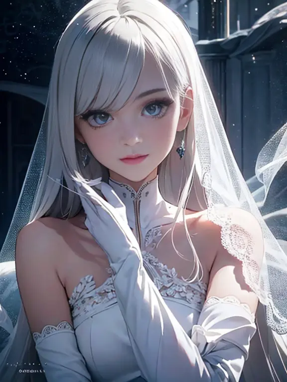Best Quality,Ultra-detailed,White hair,gloves,Portrait,Soft lighting,DELICATE DETAILS,Realistic skin texture, Smile,Vibrant colo...