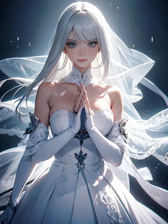 Best Quality,Ultra-detailed,White hair,gloves,Portrait,Soft lighting,DELICATE DETAILS,Realistic skin texture, Smile,Vibrant colo...