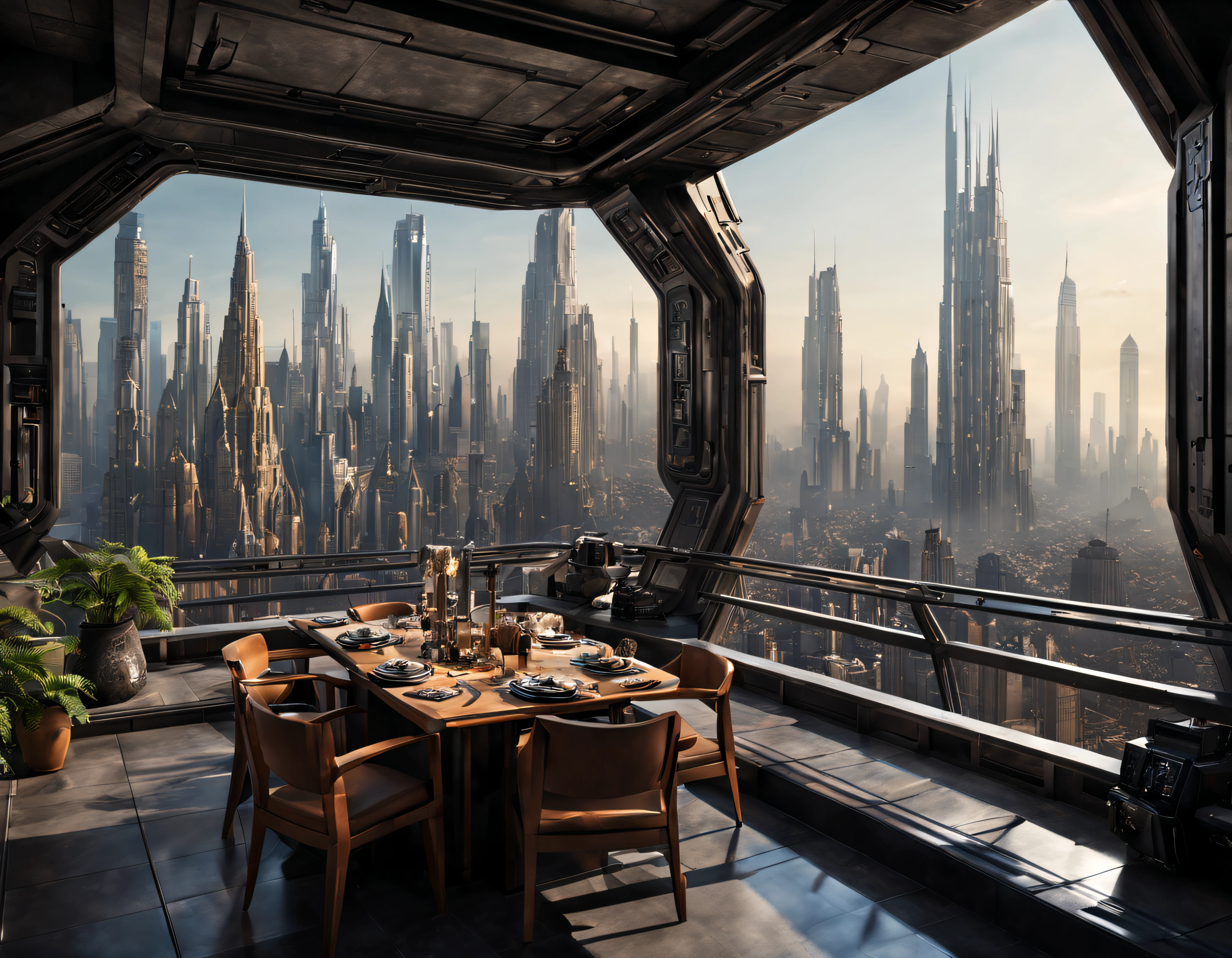 desde una terraza de la ciudad de coruscant de star wars, con sus inmensos edificios de aspecto metalico, futuristas, divisandose el skyline de la ciudad y el templo jedi, (Design by Doug Chiang), edificios del fondo nitidos y bien definidos, intrincados detalles de la maquina de la mas alta calidad, estilo cinematografico, nitidez absoluta, imagen 8k. (obra maestra de superior calidad).