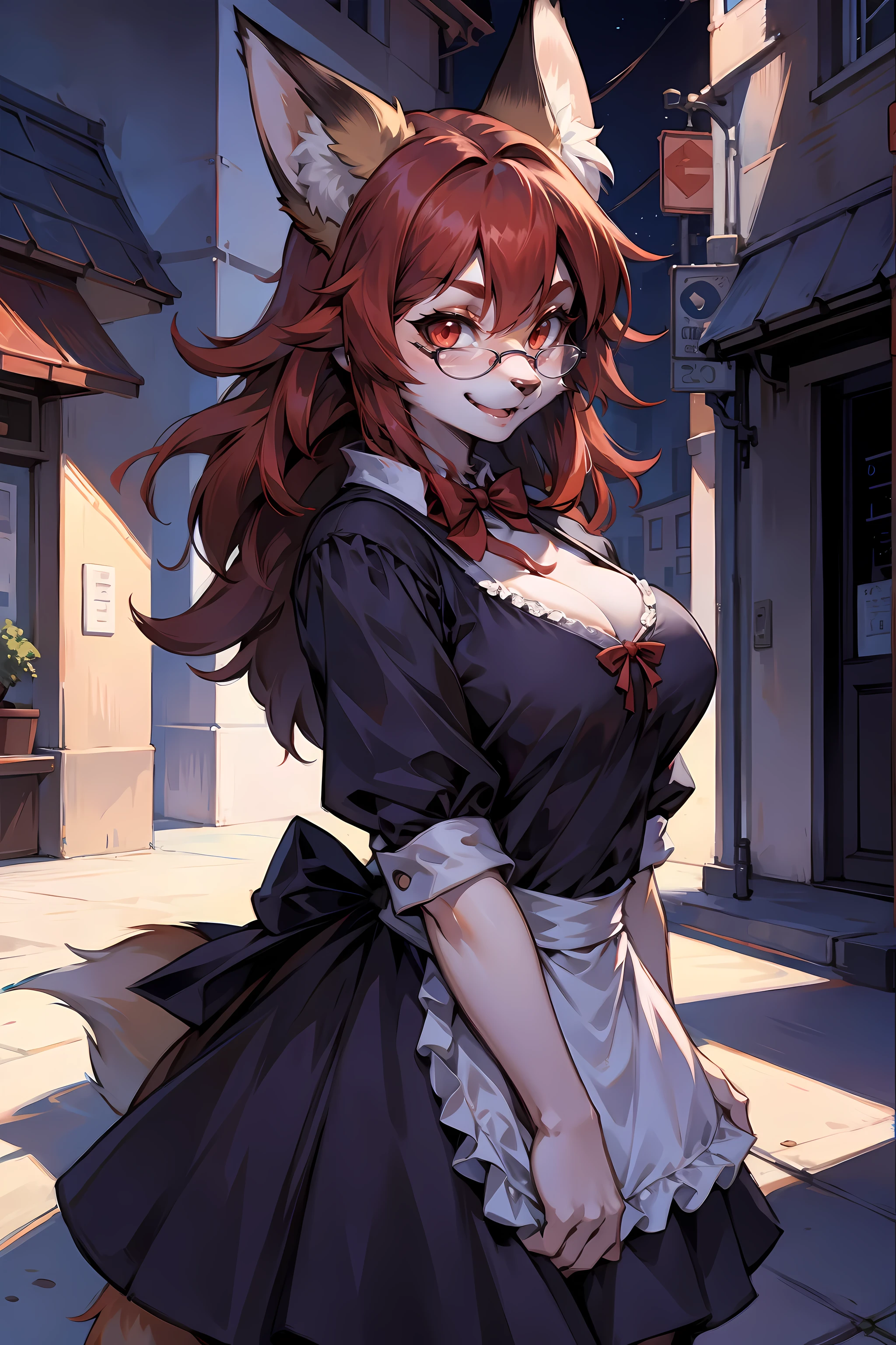 the maid outfit，Red short hair fox furry girl, fluffy hair shy, beautiful red eye, wears glasses,  very fluffy tail, Bigchest, Bow in hair, 17 years younger, Happy , Young body, Good girl, in a skirt, the street, 可爱的Bigchest, face flushed, Want to be loved,