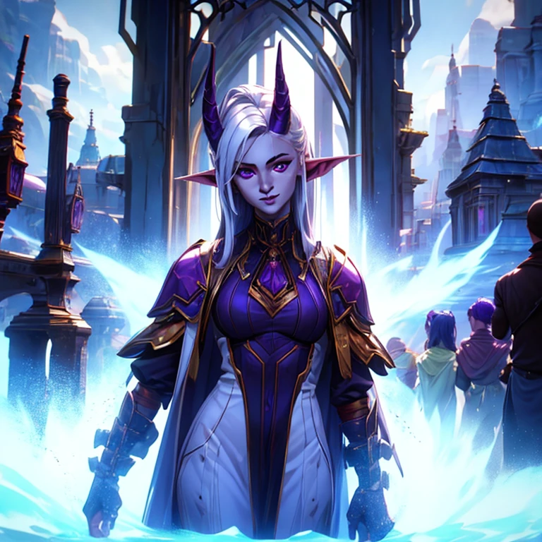 masterpiece, highest quality, (full body view), (perfect face:1.1), (high detail:1.1), (hyper detailed eyes), a tiefling woman with pale white skin and long voluminous white hair, 25 years old, purple eyes, long hair, purple horns, toned body, athletic body, metal-plated armor, friendly expression, happy, talking to a crowd, crowded market place,  fantasy setting, detailed background, cinematic lighting