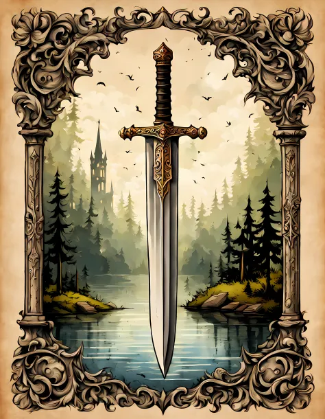 Cute Cartoon, CuteCartoonAF, (cute cartoon style:1.3), (on an antique book page with gothic ornate:1.3). | ((A legendary sword f...