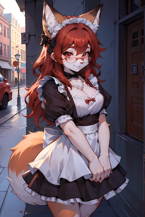 the maid outfit，Red short hair fox furry girl, fluffy hair shy, beautiful red eyes, wears glasses,  very fluffy tail, Bigchest, ...