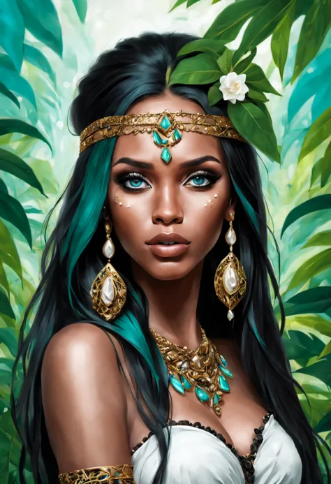 beautiful girl in a jungle, luxury makeup, long hair, african style, beautiful, bohemian, realistic, cyan, white, black, green, ...