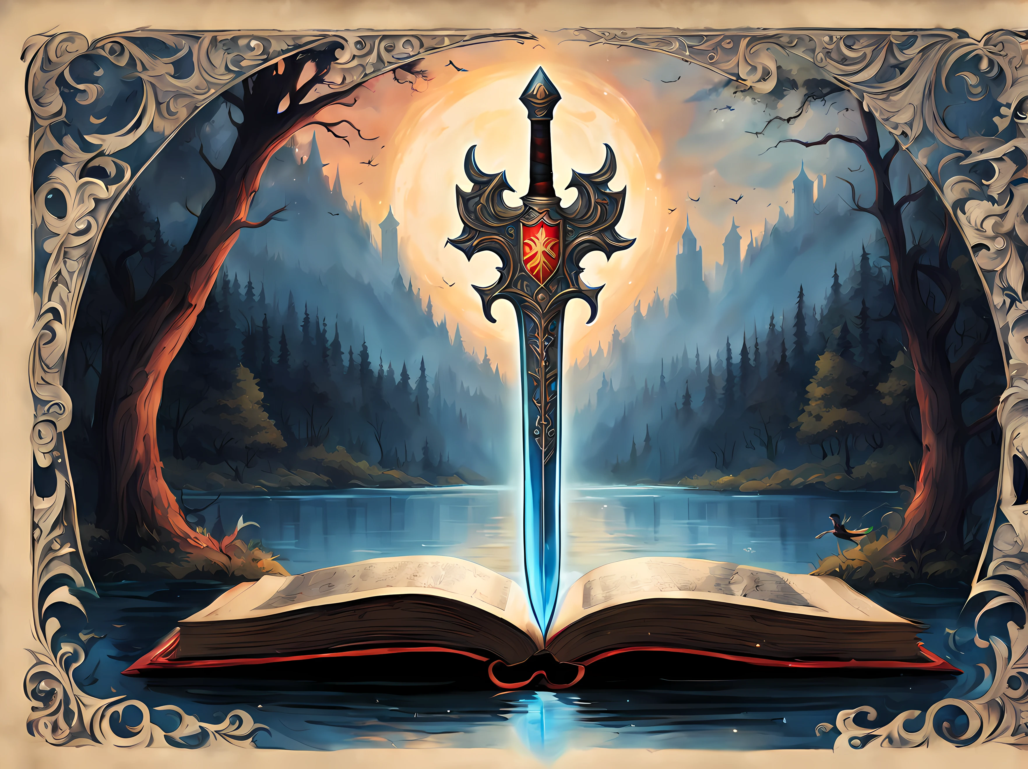 linda caricatura, lindodibujos animadosAF, (lindo estilo de dibujos animados:1.3), (En la página de un libro antiguo con adornos góticos.:1.3). | ((Vista lejana de la legendaria espada y escudo flotando.)) encima de un lago, rodeado de un bosque alto. | La espada tiene un aura divina y cautivadora., brillando con una suave luz azul. | ((El escudo tiene una imagen de fénix.)), brillando con una suave luz roja. | más_detalle
