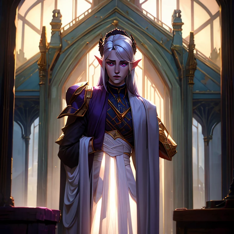 masterpiece, highest quality, (full body view), (perfect face:1.1), (high detail:1.1), (hyper detailed eyes), a tiefling woman with pale white skin and long voluminous white hair, solo, 25 years old, purple eyes, long hair, purple horns, toned body, athletic body, praying, crying, cathedral, light falling through window, fantasy setting, detailed background, cinematic lighting