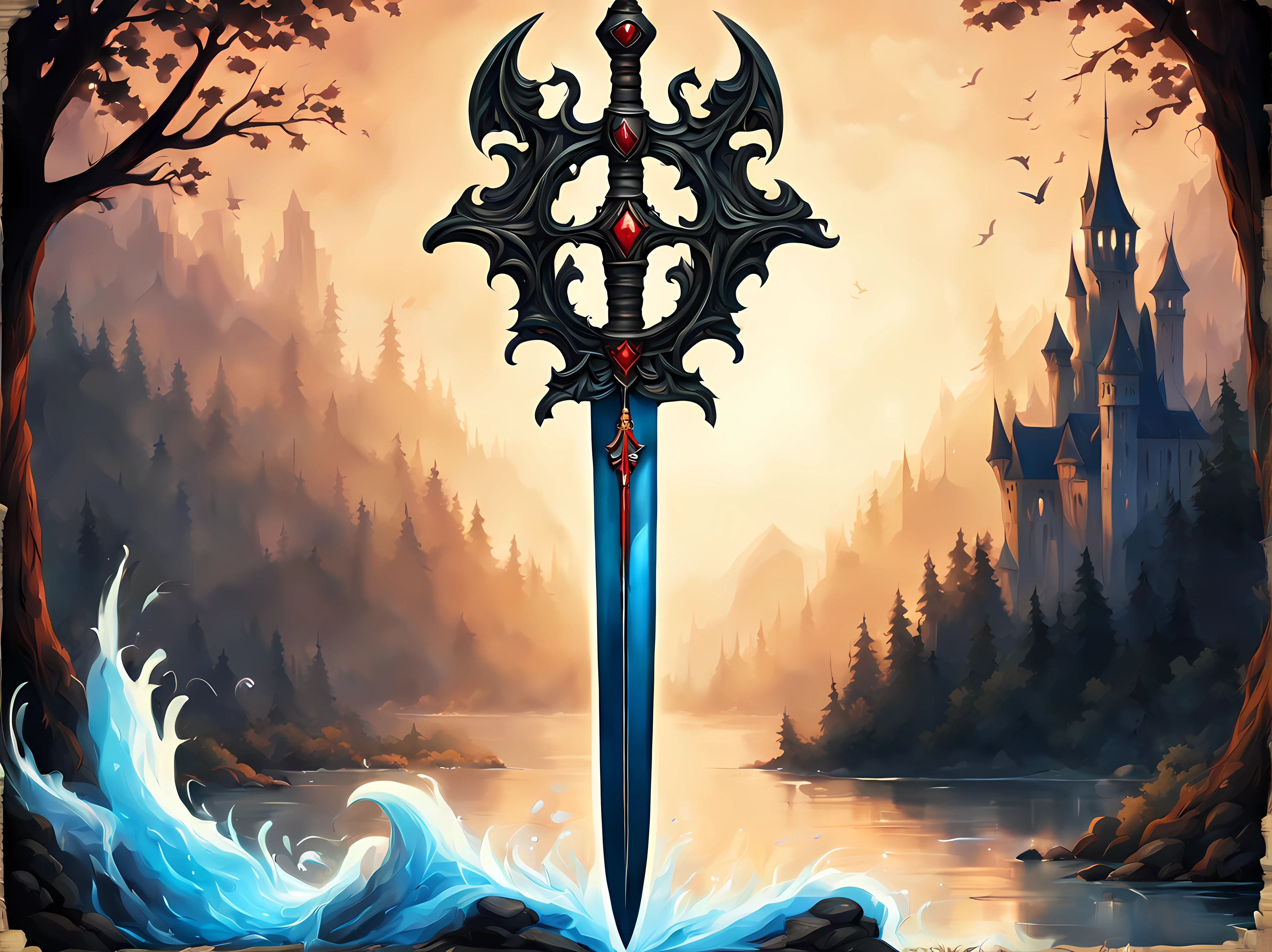 Cute Cartoon, CuteCartoonAF, (cute cartoon style:1.3), (on an antique book page with gothic ornate:1.3). | ((side view of legendary sword and shield lying)), lake, surrounded by tall forest. | The sword has divine captivating aura, glowing with soft blue light. | ((The shield has a phoenix image)), glowing with soft red light. | More_Detail