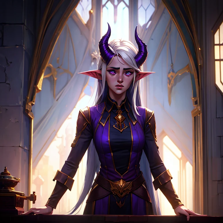 masterpiece, highest quality, (full body view), (perfect face:1.1), (high detail:1.1), (hyper detailed eyes), a tiefling woman with pale white skin and long voluminous white hair, solo, 25 years old, purple eyes, long hair, purple horns, toned body, athletic body, praying, crying, cathedral, light falling through window, fantasy setting, detailed background, cinematic lighting