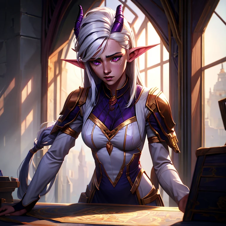 masterpiece, highest quality, (full body view), (perfect face:1.1), (high detail:1.1), (hyper detailed eyes), a tiefling woman with pale white skin and long voluminous white hair, solo, 25 years old, purple eyes, long hair, purple horns, toned body, athletic body, praying, crying, cathedral, light falling through window, fantasy setting, detailed background, cinematic lighting