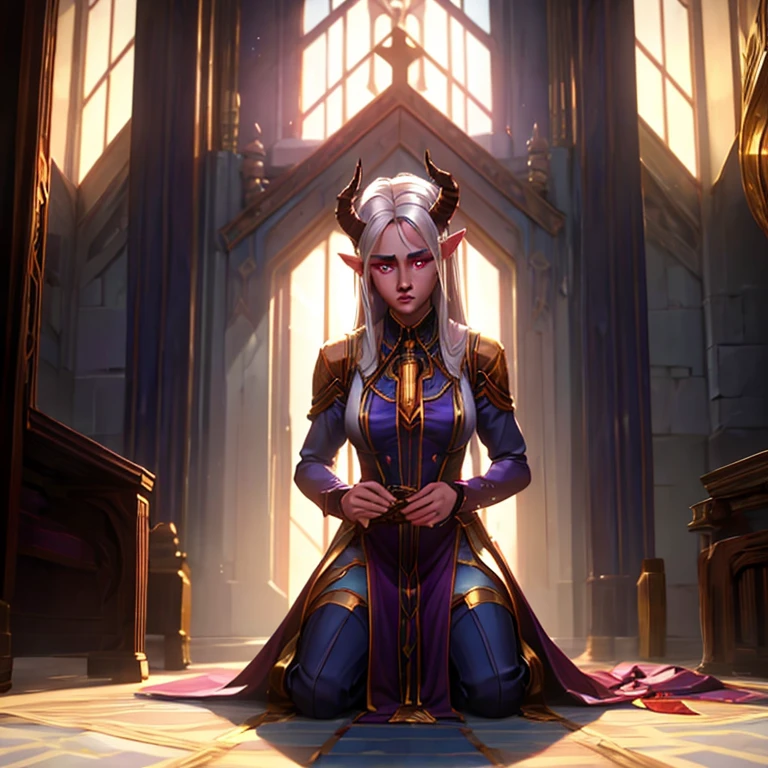 masterpiece, highest quality, (full body view), (perfect face:1.1), (high detail:1.1), (hyper detailed eyes), a tiefling woman with pale white skin and long voluminous white hair, solo, 25 years old, purple eyes, long hair, purple horns, toned body, athletic body, praying, crying, kneeling in front of an altair, cathedral, light falling through window, fantasy setting, detailed background, cinematic lighting