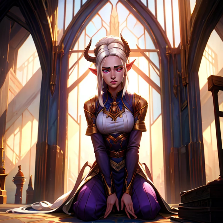 masterpiece, highest quality, (full body view), (perfect face:1.1), (high detail:1.1), (hyper detailed eyes), a tiefling woman with pale white skin and long voluminous white hair, solo, 25 years old, purple eyes, long hair, purple horns, toned body, athletic body, praying, crying, kneeling in front of an altair, cathedral, light falling through window, fantasy setting, detailed background, cinematic lighting