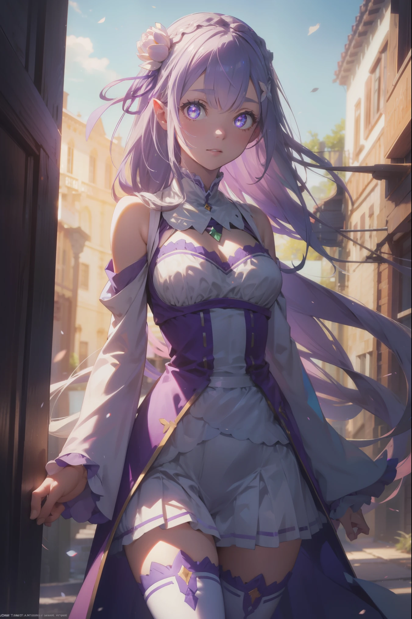 rezeroemilia, emilia, braid, crown braid, flower, hair flower, hair ornament, hair ribbon, long hair, low-tied long hair, (purple eyes:1.2), pointy ears, white flower, x hair ornament,
BREAK bare shoulders, detached collar, dress, long sleeves, low-tied long hair, navel, pink dress, shoulder cutout, thigh gap, wide sleeves,
BREAK outdoors, city,
BREAK looking at viewer, BREAK (masterpiece:1.2), best quality, high resolution, unity 8k wallpaper, (illustration:0.8), (beautiful detailed eyes:1.6), extremely detailed face, perfect lighting, extremely detailed CG, (perfect hands, perfect anatomy),