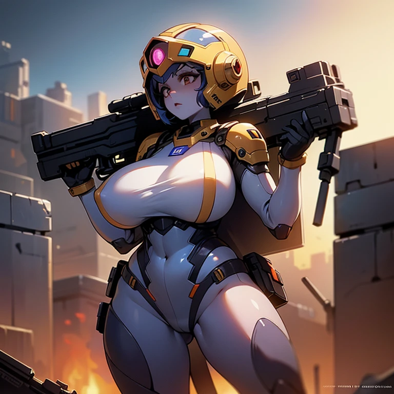 There is a woman with a gun in front of a spaceship, Ruined empire in the background, Official Character Art, Zombies from Doom Eternal, orianna, Painting C - 3 p 0, Inspired by Sargent Johnson, heaven planet in background, Juno promotional images, full Helmet