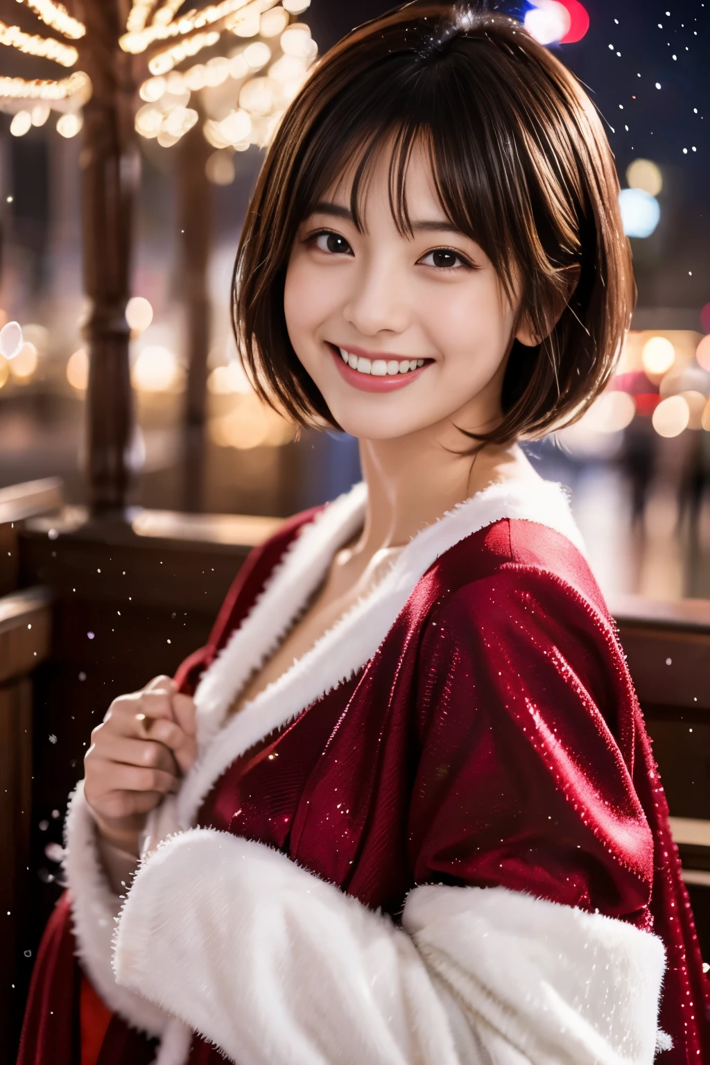 A sparkling Christmas night、santa costume、Provocative smile、short-haired、Beautiful Japan actress、sakimichan、cinematric light， realisticlying， tmasterpiece， best qualtiy， Complex CG，Highly detailed face，High detail eyes，