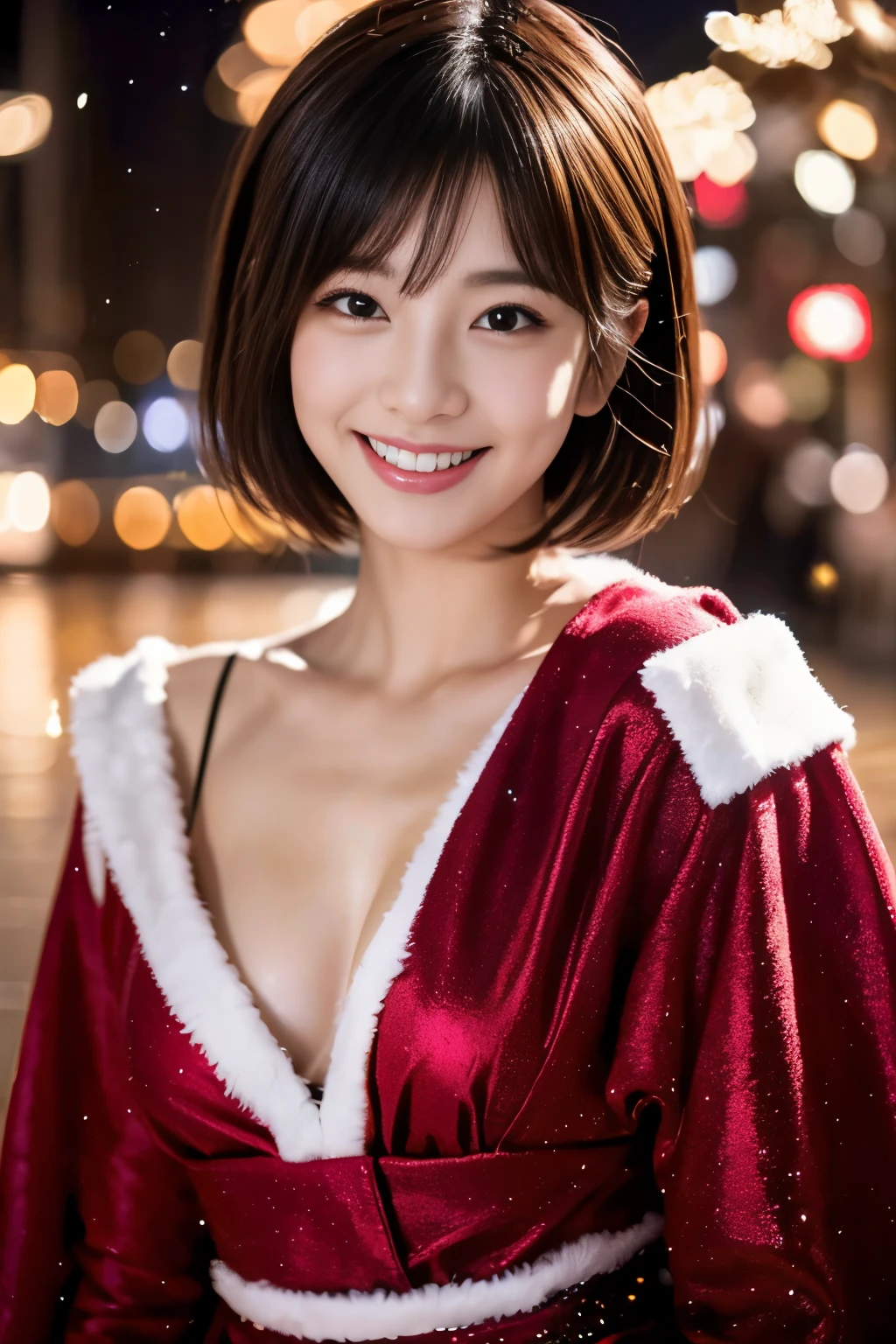 璀璨的圣诞夜、圣衣、挑逗性的微笑、短发、美丽的日本女演员、萨基米昌、电影灯光， 现实地， 杰作， 最好的品质， 复杂 CG，高度细致的脸部，高细节眼睛，