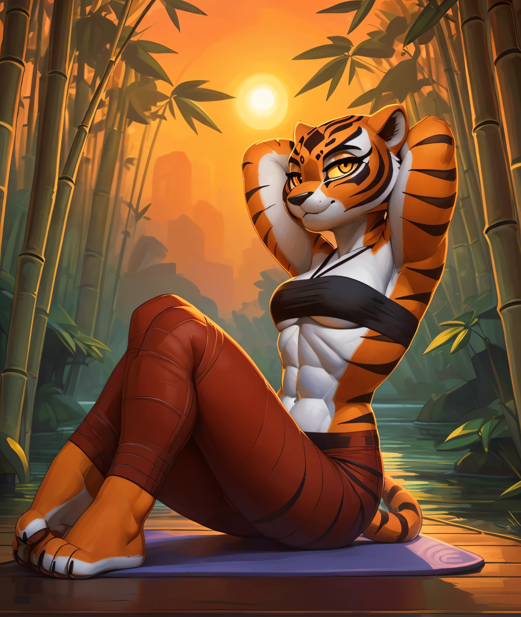 [master tigress], [Uploaded to e621.net; (Pixelsketcher), (wamudraws)], ((masterpiece)), ((HD)), ((solo portrait)), ((full body)), ((side view)), ((feet visible)), ((furry; anthro)), ((detailed fur)), ((detailed shading)), ((beautiful render art)), ((intricate details)), {anthro tiger; (orange fur), ((black stripes), black nose, (cute yellow eyes), (short eyelashes), (curvy hips), (defined abs), (beautiful legs), (beautiful paws), (expressionless)}, {(white bandage bandeau), (bandages a-crossed chest), (red yoga pants)}, {(on yoga mat), (sitting), (hands behind head), (looking at viewer)}, [background; (bamboo forest), (river), (sunrise), (orange sky), (sun rays)]