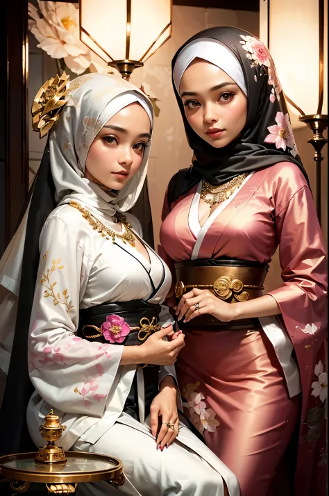 (beautifull lady and her sister, wear detail luxury hijab), (hugging), (holding breast), (detail luxury kimono), (elegant pose),...