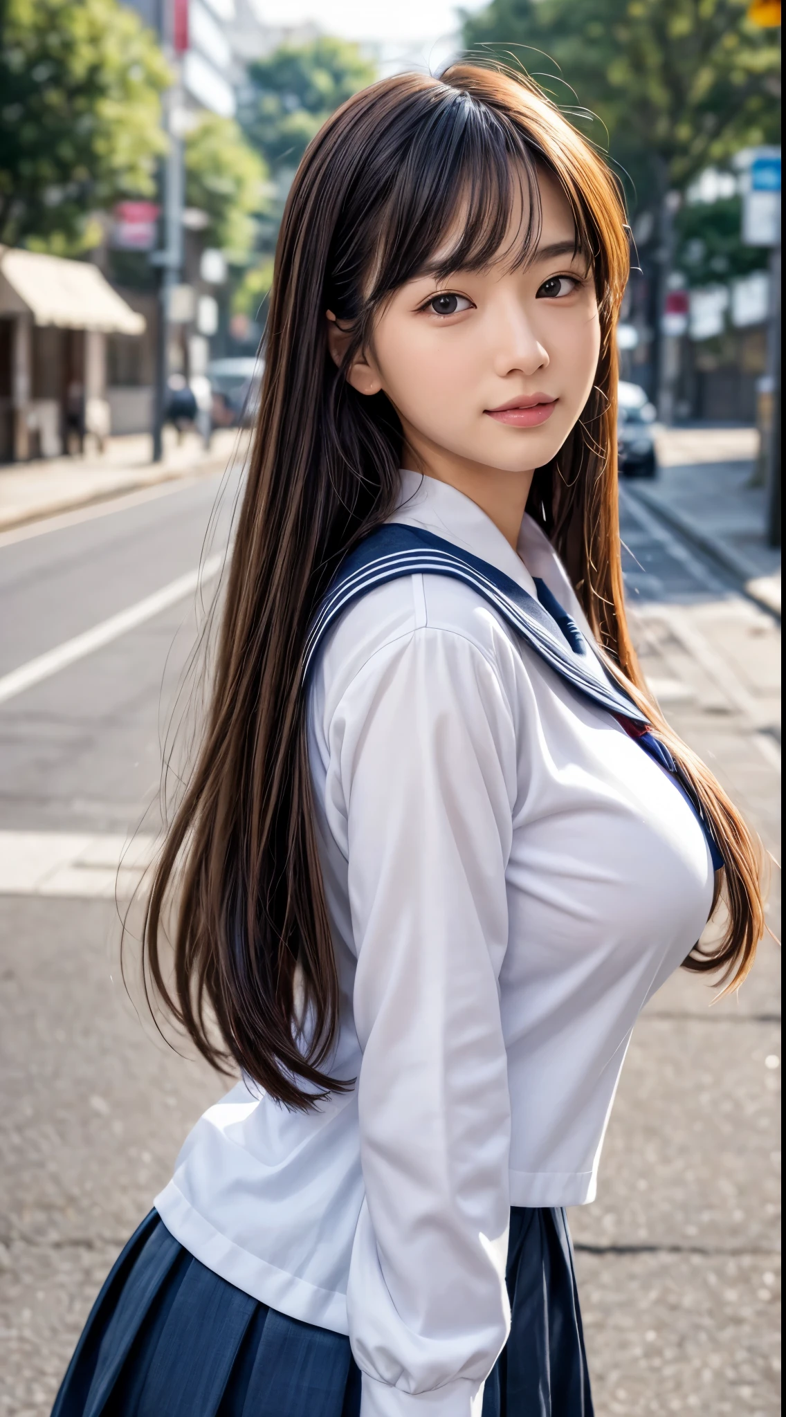(8K,masutepiece, Raw photo,Best Quality:1.4),(photographrealistic:1.2),(extremely Detailed face),(Shiny skin),(Detailed skin),(Detailed face),(Extremely beautiful face),1girl in,Looking at Viewer,Japanese ido(actor hair,Medium Hair,Straight hair,asymmetrical bangs,Smile,glamor,Big breasts, (School uniform, Sailor Suit:1.2), Street ,High Position,natural soft light
