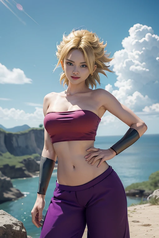 masterpiece, best quality,  ssjcaulifla, blonde hair, aqua eyes, tube top, purple pants, bracers, cowboy shot, looking at viewer, smile, furrowed brow, hands to hips, sky, clouds