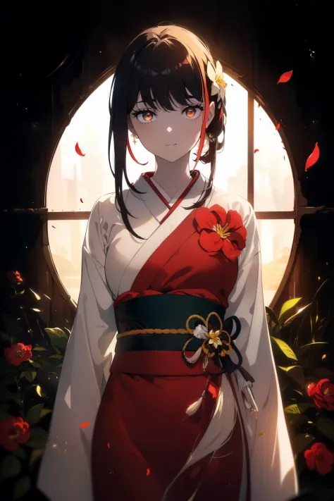((((Obra maestra, La mejor calidad, ultrahigh resolution)))), 1girl, standing, ((wearing a red_kimono)), long hair cut, pale ski...