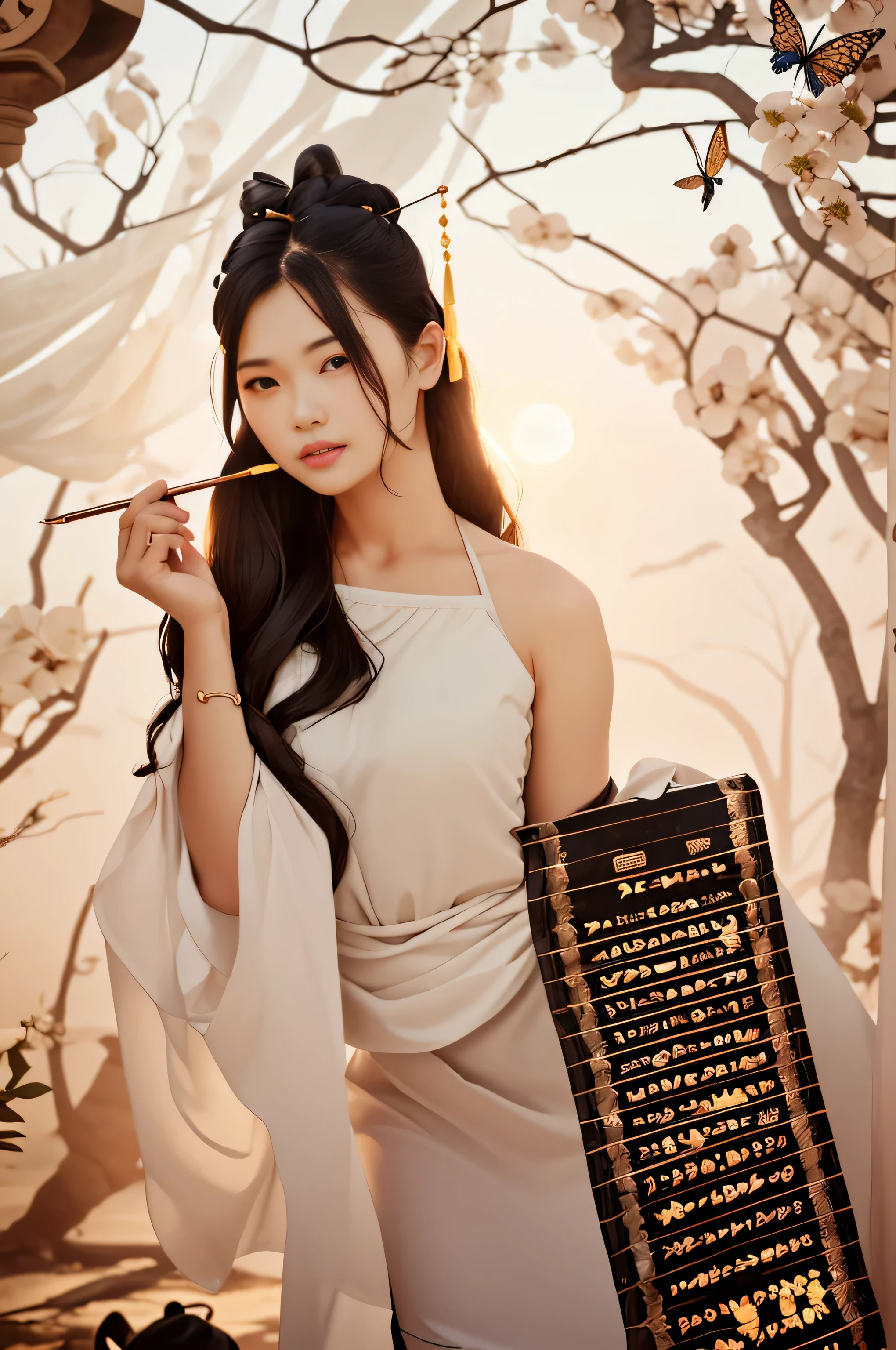 Large long leg detail，Costumes covered with traces of war，Background of moonlit night。Finger sky bright moon，Long flowing hair，Gold leg ring，Butterfly hair ornaments,backround phoenix ancient town