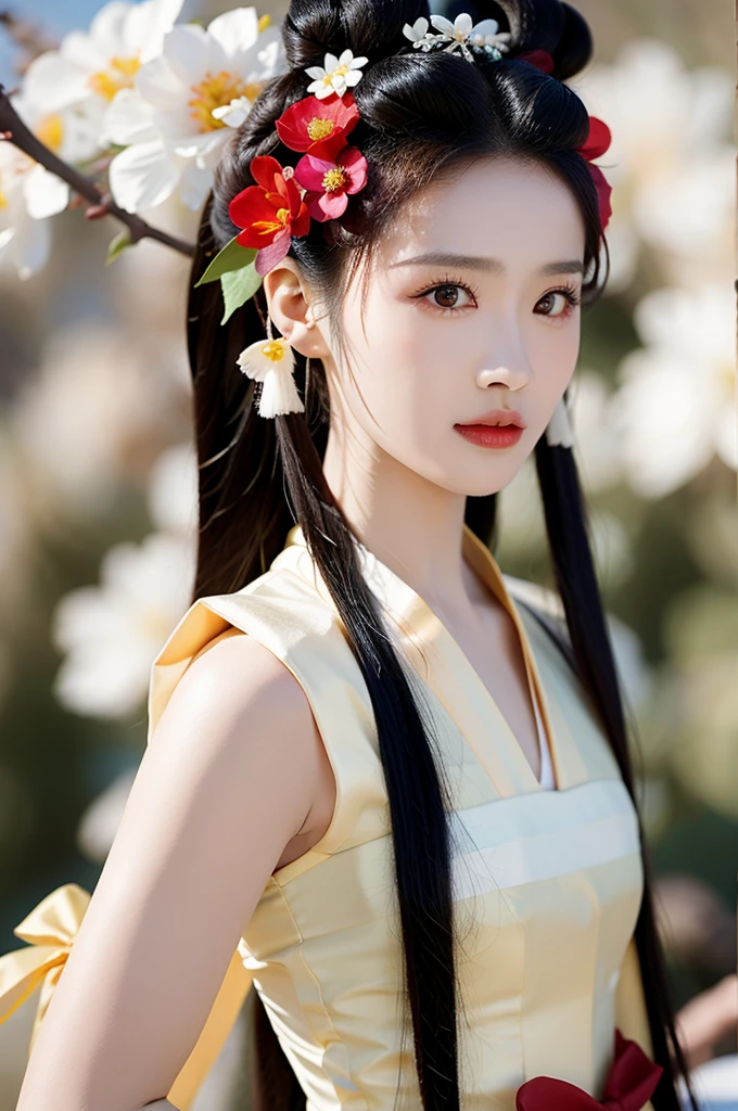 mn,1girl,long hair,solo,flower,black hair,branch,upper body,realistic,chinese clothes,hair ornament,blurry background,blurry,parted lips,hair bun,