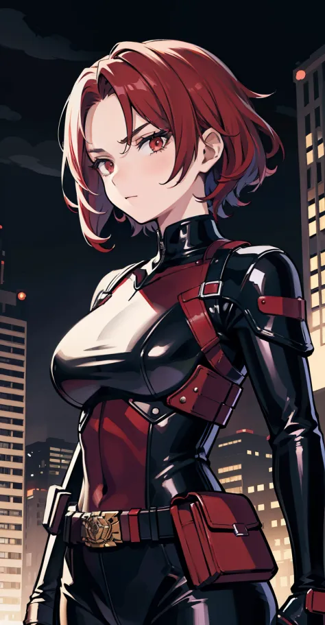 1girl, masterpiece, lady_nagant, short hair, red hair,  red eyes, serious, black suit, portrait, mechanical belt, night city bac...