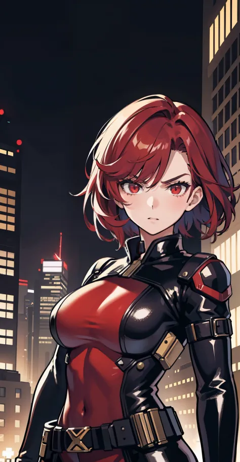 1girl, masterpiece, lady_nagant, short hair, red hair,  red eyes, serious, black suit, portrait, mechanical belt, night city bac...