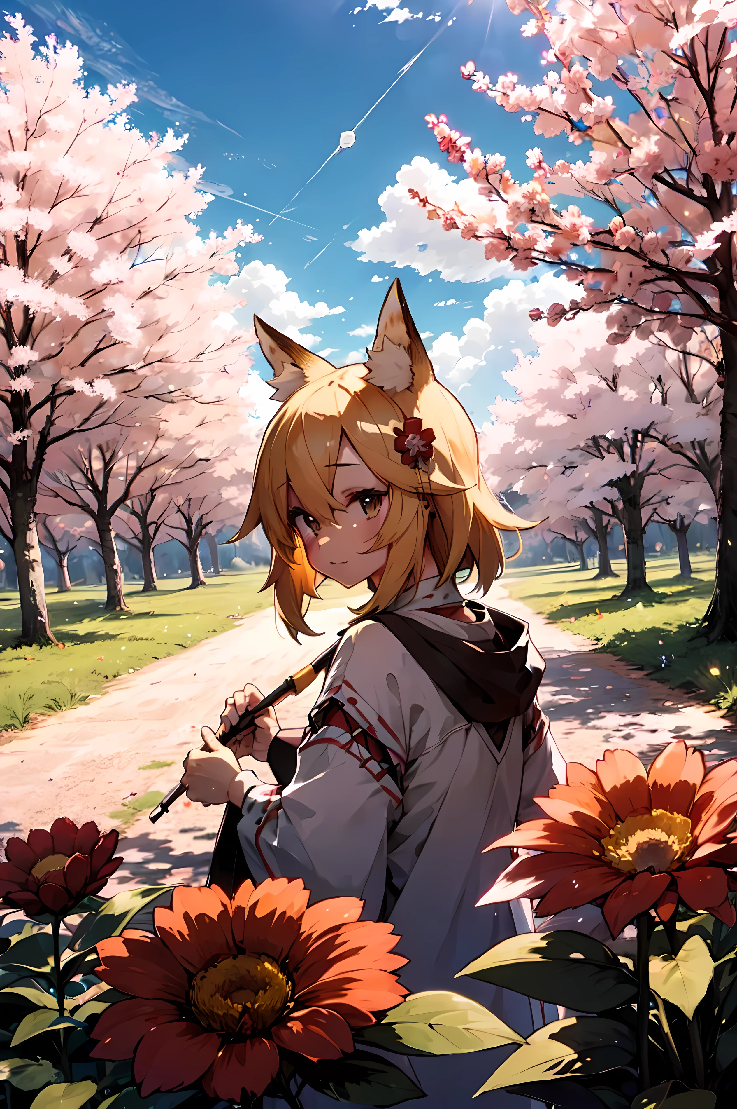 A  girl, Fox ears, 4K Image, flowers of different colors, field, Beautiful trees, Maximum details, village, at home, Beautiful cloud, Modest, Hesitate