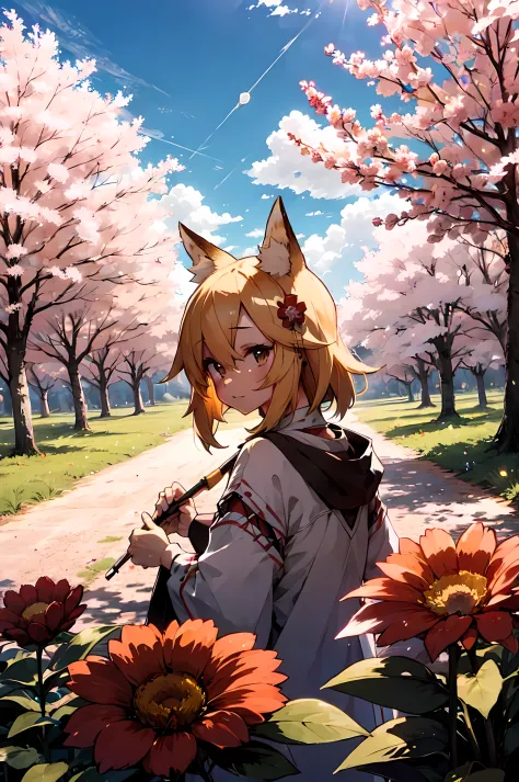 a  girl, fox ears, 4k image, flowers of different colors, field, beautiful trees, maximum details, village, at home, beautiful c...