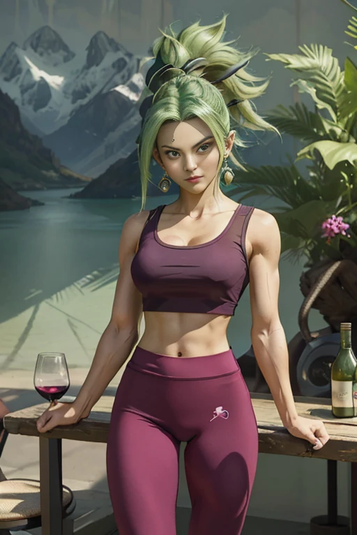 (best quality, masterpiece), (best quality, masterpiece), green hair, athletic, muscular, green earrings, yoga pants in wine color, yoga bra in wine color, tight skin, toned, smug, nervous, kefla, thin waist, planet background