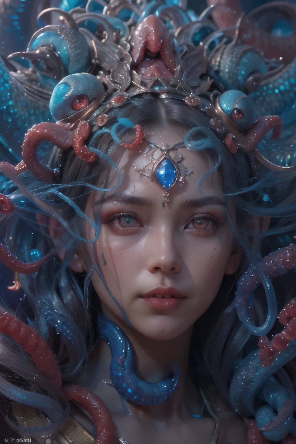 (Female Alien:1.2),  (There is a female genital-like organ in the middle of the forehead:1.6), (The most beautiful face in the history of the universe:1.2), seduces, red eyes, Full body like, A sexy, alien, No humans, an alien, cells are fused, (Lots of blue tentacle skin:1.3), extraterrestrial, cell, bio image, Enchanting, Best Quality, 8K,4K_quality, high_Definition, Dramatic Lighting, masutepiece:1.5,cinematic quality, detail up, (Intricate details:1.2), high resolution, High Definition, drawing faithfully, (Thick eyebrows:1.2), (Big scarlet eyes:1.6), Beautiful eyes with fine symmetry, (Ultra detailed eyes:1.2),(Highly detailed face and eyes:1.2), (High-resolution red-eye:1.4), Intimate face, (Super detailed skin quality feeling:1.4), Perfect Anatomy,  (Beautiful toned body:1.5),  (Moist skin:1.2), No makeup, (dark circles:1.1), long canines, cinematic drawing of characters, ultra high quality model, cinematic quality, detail up, (Intricate details:1.2), high resolution, High Definition, drawing faithfully, Official art, Unity 8K wall  , 8K Portrait, Best Quality, Very high resolutio, ultra detailed artistic photography, midnight aura,  unreal enginee 5, Ultra Sharp Focus, art by alberto seveso, artgerm, Roisch, , intricate artwork, Medusa, best quality，tmasterpiece，超A high resolution，（photos realistic：1.4），Ultra-realistic realism，dream-like，Beautiful blue goddess wears a phoenix peacock on her head, nautilus, Creation of fantasy，Snail，Dream Snail，Biopunk nautilus，Thrilling color schemes， Ultra-realistic realism， abstracted， (There is a female genital-like organ in the middle of the forehead:1.5), smiling seductively