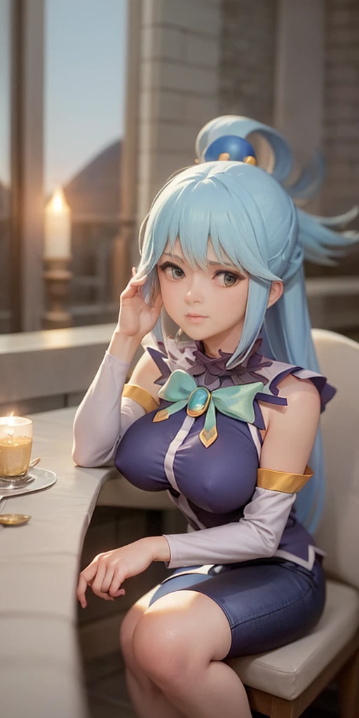 full body, 1 child female, tarot cards (Prominence in Masterpiece, Best Quality: 1.2), solo, 1 girl,aqua, serious, mouth closed, looking at viewer, hand on face, sitting, legs crossed, big thighs, big breasts,blue hair) The clothes ar， bandagens， Leather