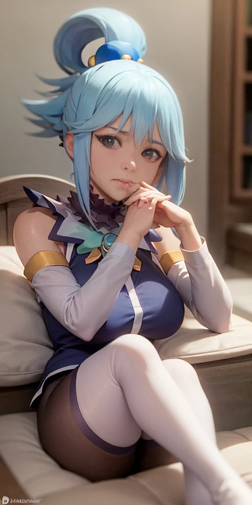 full body, 1 child female, tarot cards (Prominence in Masterpiece, Best Quality: 1.2), solo, 1 girl,aqua, serious, mouth closed, looking at viewer, hand on face, sitting, legs crossed, big thighs, big breasts,blue hair) The clothes ar， bandagens， Leather