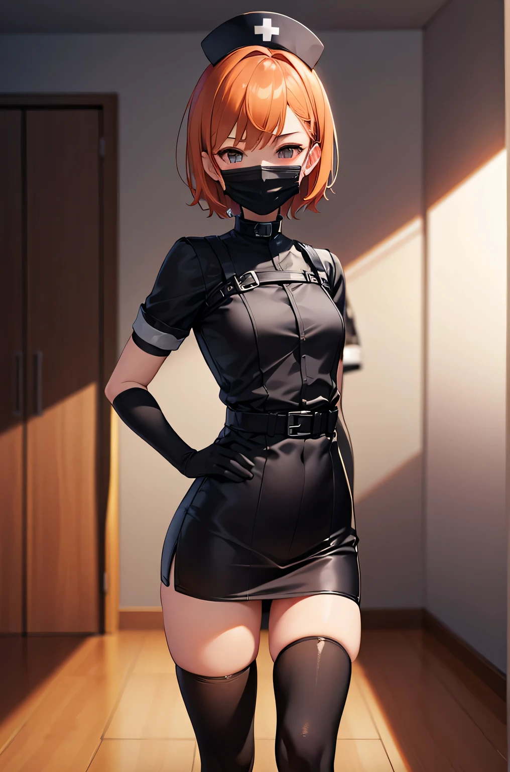 black nurse, 1girl, solo, black nurse cap, black wear, ((black legwear, zettai ryouiki)), black elbow gloves, very short hair, orange hair, ((black surgical mask, covered nose)), standing, ((surgery room)), sharp outline, short sleeves, tomboy, boyish, best quality, masterpiece