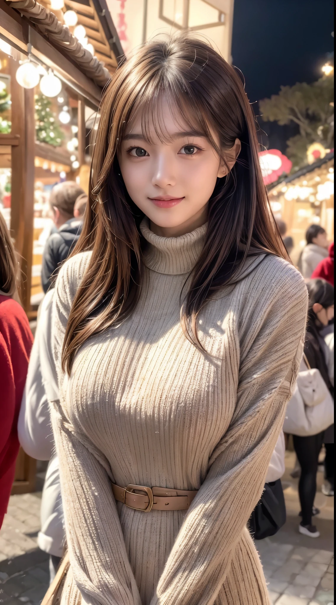 (8k,masterpiece, RAW photo,best quality:1.4),(photo realistic:1.2),(extremely detailed face),(shiny skin),(detailed skin),(detailed face),(extremely beautiful face),1girl,looking at viewer,Japanese idle(actress), brown hair,medium hair,straight hair,asymmetrical bangs,smile,glamor,large breasts, (Fleece jacket, turtleneck sweater, Pleated skirt:1.2), christmas market,high position,professional lighting