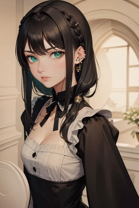 black hair shoulder length, woman, soft green eyes, piercing stare, maid outfit, cinematic sense