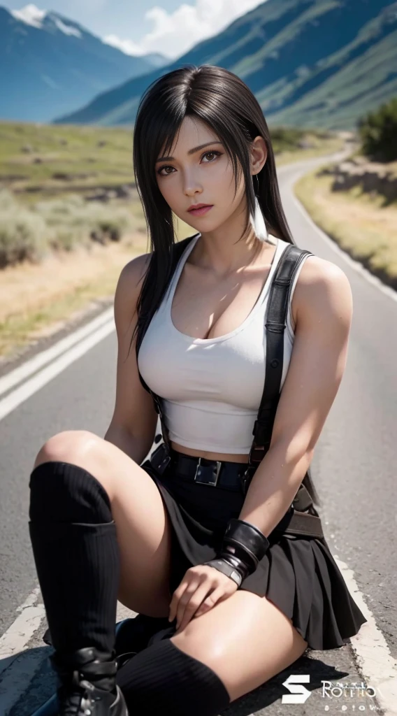 (mejor calidad,ultra detallado),(Realista:1.37),Tifa Lockhart, cara hermosa y detallada, maquillaje de ojos negros, textura ultra realista, cara delicada, expresión seria