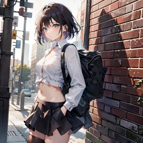 Girl carrying a bag leaning against a brick wall