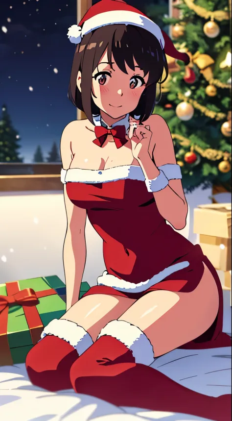 shinkai makoto, kimi no na wa., 1girl, bangs, black hair, blush, bright eyes, brown eyes, looking at the viewer, red bow, red headband, red ribbon, short hair, medium breasts, solo, indoors, shiny skin, smile, happy, beautiful, parfect anatomy, perfect hands, Christmas tree, Santa Claus costume, Sweet face, Red Christmas Dresses, candy cane stockings, Against the background of winter scenery, perfect hands, snow, steam, night