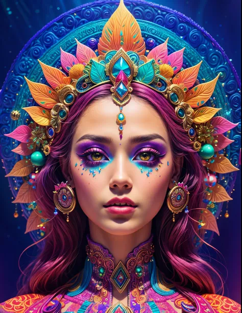 Close-up of a woman wearing a colorful headdress and makeup., colorfull digital fantasy art, exquisite digital illustration, psy...