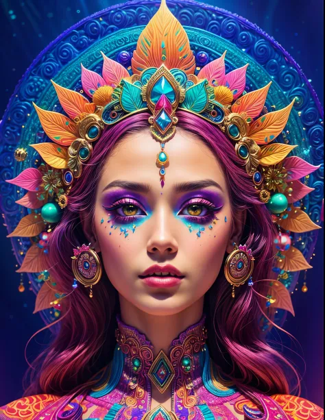 close-up of a woman wearing a colorful headdress and makeup., colorfull digital fantasy art, exquisite digital illustration, psy...