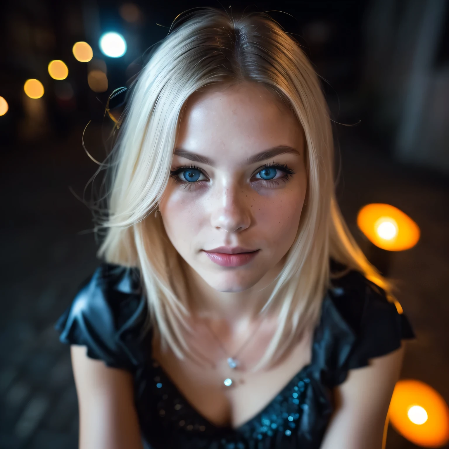 (Selfie, upper view: 1.4), (straight half of the body,: 1.4), RAW UHD portrait photo of a 24-year-old blonde (Blue-eyed woman) Walking through dark alleys, Large breasts,, City at night, (Skirt), (neckline), Details (textured! , hair! , Glitter, Color!! , drawback: 1.1), Glossy eyes with high detail (Looking at the camera), SLR Lighting, SLR camera, ultra-quality, sharpness, depth of fields, Film grain (Center), FUJI XT3, Crystal clear, Frame Center, Beautiful face, Sharp Focus, street lamp, Neon lighting, Bokeh (The dim), Night, (nigh sky), Detailed skin pores, Oily skin, Sunburn, Intricate eye details, Full body, Large breasts